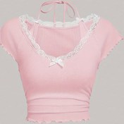 Resim Dantel Yay Detaylı T-shirt, Y2K Marul Kenarlı Kısa Kollu Üst, Bahar ve Yaz İçin Kadın Giyim 