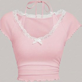 Resim Dantel Yay Detaylı T-shirt, Y2K Marul Kenarlı Kısa Kollu Üst, Bahar ve Yaz İçin Kadın Giyim 