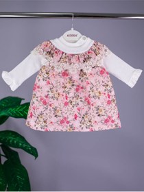 Resim MinikButik Kız Bebek Pembe Çiçek Desenli Ikili Elbise 