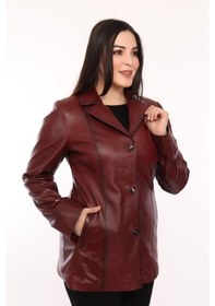 Resim Hakiki Kuzu Derisi Blazer Düğmeli Kadın Ceket Bordo Bordo 
