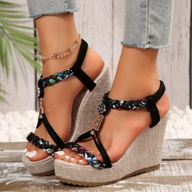 Resim Vintage Stil Kadın Yazlık Örgülü Askılı Sırtlı Platform Topuklu Sandaletler - Açık Burun Kumaş Platform Topuk Sandaletler, Giyilebilir Kapatma ve Kauçuk Taban 