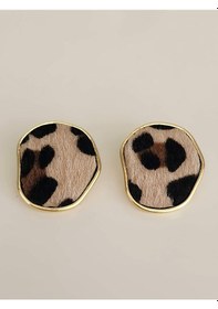 Resim Leopar Asimetrik Oval Yuvarlak Model Küpe Leopar Desenli Çok Renkli 