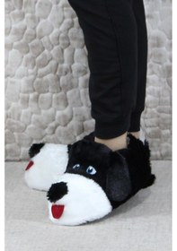 Resim Fort Sevimli Köpek Figürlü Peluş Panduf Hayvanlı Yumuşak Kadın Panduf Siyah 