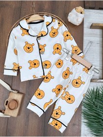 Resim %100 Pamuk Yumuşak Doku Ayıcık Baskılı Mevsimlik Bebek Ve Çocuk Pijama Takımı 4bb2 Beyaz 