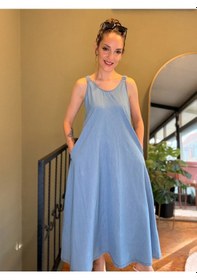 Resim Ali Butik Açık Mavi Askıları Lastikli Tensel Elbise 
