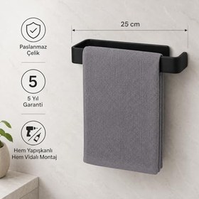 Resim Alper Banyo Siyah Lamalı Havlu Askısı, 25 cm, Paslanmaz Çelik Banyo Havluluğu, Hem Yapışkanlı Hem Vidalı Montajlı, Mat Siyah Duvar Tipi Havlu Barı, 5 Yıl Garantili 
