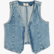 Resim Kız Çocuk Yıldız Detaylı V Yaka Kolsuz Pamuklu Crop Denim Yelek 
