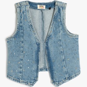 Resim Kız Çocuk Yıldız Detaylı V Yaka Kolsuz Pamuklu Crop Denim Yelek 