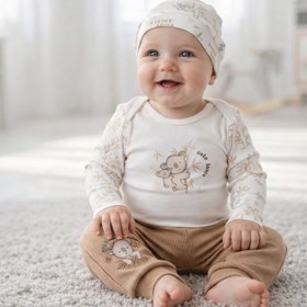 Resim Minelia Kids Erkek Bebek %100 Pamuk 3’lü Takım Body Pantolon Şapka - Ekru Açık Kahverengi 3-9 Ay 
