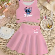 Resim Kızlar için Stitch İki Parça Kıyafet - Pembe Çapraz Üst ve Etek Seti "STITCH" Nakışlı, Nefes Alabilir ve Cilt Dostu Kumaş, Rahat Spor Bakışları İçin Mükemmel, Bahar/Yaz/Sonbahar, Karakter Giyim 