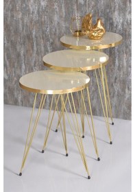 Resim Goldfalez Elips Set Tel Ayak Zigon ve Orta Sehpa Altın - Krem 