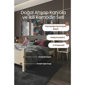 Resim Renazzo Mobilya Melodi Çift Başlıklı Masif Çam Karyola ve Iki Adet Komodin Seti - Birinci Sınıf Ahşap Masif Karyola 