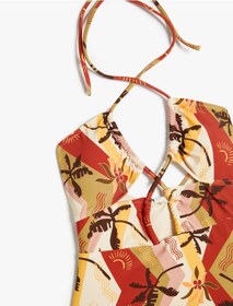 Resim Koton Çiçekli Halter Yaka Mayokini Astarlı Çıkarılabilir Pedli Kahverengi Desenli 4sak20130mm Kahverengi 