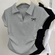 Resim 3 adet Kadın Rahat Moda Dar Kesim Küçük Kurdele Baskı Detay Basit Düz Renk Katlanabilir Kazak Kadın Tek Parça Yaka Kısa Kollu Üç Parça T-Shirt 