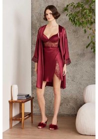 Resim Pierre Cardin Saten Gecelik Sabahlık Pijama Takım Şort Takım 6'lı Gelin Çeyiz Seti Bordo 001 