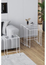 Resim Faymend Mimoza 4 Lü Zigon Sehpa, Metal Sehpa, Cam Sehpa ' Beyaz - Şaffaf' Beyaz - Şeffaf Cam 