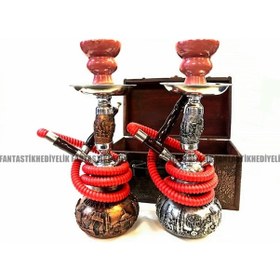 Resim Polyester Kaplama Ahşap Çanta Küçük Nargile Takımı Full Set 30Cm 