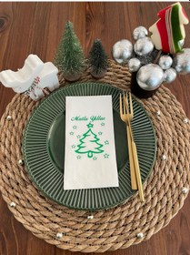 Resim Yeşil Yaldızlı Beyaz Mutlu Yıllar Çam Ağacı Peçete 16 Lı 