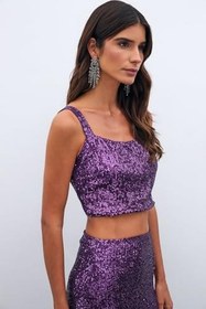 Resim Sateen Payetli Crop Bluz, STN139KBL2094 