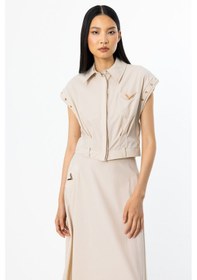 Resim On Minimalist Crop Gömlek - Kısa Kol Gömlek Yaka Günlük Bej 