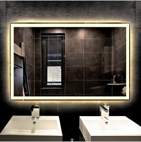 Resim altena dekorasyon 90x70cm Günışığı Ledli Kumlamalı Banyo Lavabo Ofis Makyaj Kuaför Aynası - Trafolu - Prizli 