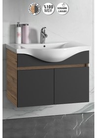 Resim 80 Cm Atlantik Çam-Antrasit Gri Mat Mdf Lavabolu Banyo Alt Dolabı Antrasit - Atlantik Çam 