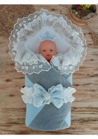 Resim Yenidoğan Teri Cotton Taç Nakışlı Prizma Taş Kundak Bebek Battaniyesi Mavi 