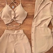 Resim Çapraz Sırtlı Bralette Günlük Şort Hafif Uzun Kollu Gömlek Üç Parça Set 