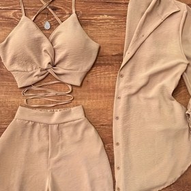 Resim Çapraz Sırtlı Bralette Günlük Şort Hafif Uzun Kollu Gömlek Üç Parça Set 