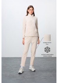 Resim Tommy Life Bej Kalın Yumuşak Dokulu Dik Yaka Oversize Nakışlı Polar Kadın Eşofman Takım -95339 Bej 