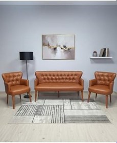 Resim Taba Deri Chester Tarz Koltuk Takımı Modern Tasarım, Dayanıklı Ahşap Ayaklı Oturma Grubu (3+1+1) 