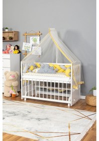 Resim Ahşap Beşik Anne Yanı Beşik Beyaz 60x120 - Sarı Gri Örgü Uyku Seti Seti + Yatak Beyaz 