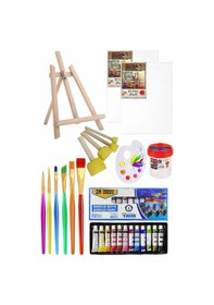 Resim Mini Şövale 25x35 2 Li Tuval Mydido 12 Renk Akrilik Boya Başlangıç Seti Fırça Palet Ponpon Su Kabı Masaüstü Sanatsal 