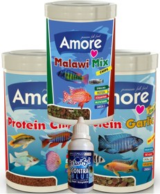 Resim AMORE Elite 50-protein Red Algae Pro Chips Ve 48-protein Garlic Chips Ve Malawi Mix 250 ml Kutu Balık Yemi 