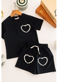 Resim Monila Kız Çocuk Pamuklu Bisiklet Yaka Kalp Detaylı T-shirt Ve Şort Alt Üst Takım Siyah 