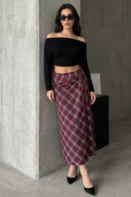 Resim Madmext Bordo Ekose Desenli Yırtmaç Detaylı Kruvaze Midi Kadın Etek MG2690 