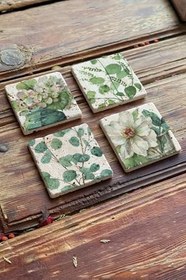 Resim Oscar Stone Decor Taş Bardak Altlığı Stone Coasters - Yeşil Çiçek Seti Ba-588 