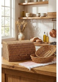 Resim Mien Doğal Rattan 3’lü Hasır Set | Kapaklı Ekmek Sepeti ve Dekoratif Sunum Sepetleri 