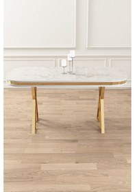 Resim Canisa Zae Serisi 90x168 Lak Panel Beyaz Mermer Desen Gold Ayak Masa Takımı 6 Gri Sandalye Masa Beyaz Mermer Desen Sandalye Gri 