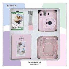 Resim Instax mini 12 Pembe Fotoğraf Makinesi 10'lu Film Simli Pleksi Kılıf PVC Albüm ve Kıskaçlı Resim Standı Bundle Box 
