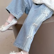 Resim Kızlar için Elastik Bel ve Kurdele Detaylı Geniş Paça Kot Pantolon - Rahat Kot Pantolon Cebi, Uzun Boy, Günlük Kıyafet İçin Mükemmel, Tüm Mevsimler Kot, Eğlenceli Tasarım, Esnek Olmayan Kumaş 