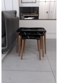 Resim Zigon Sehpa & Yan Sehpa 3'Lü Ahşap Ayaklı Sehpa - Siyah Mermer 