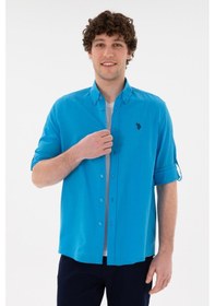 Resim U.S. Polo Assn. Erkek Mavi Keten Görünümlü Basic Gömlek 50306285-VR007 