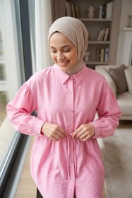 Resim Gülseli Tesettür Gömlek Pembe TZL-P-00021786 