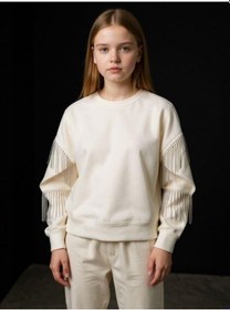 Resim Kız Çocuk Yüzde Yüz Pamuklu İki İplik Zincir Detaylı Sweatshirt-16698 Ekru 