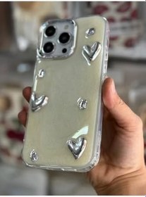 Resim iPhone 15 Pro Uyumlu Silikon Kılıf, 3D Gümüş Kalp Detaylı, Ekru 