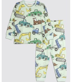 Resim Zuzunga Ekskavatör Desenli %100 Pamuk Erkek Çocuk Pijama Takımı Mint 