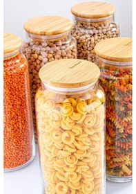Resim Zone - 12'li Cam Saklama Kabı 600ml-800ml-1300ml Vakumlu Bambu Kapaklı Ahşap - Şeffaf 