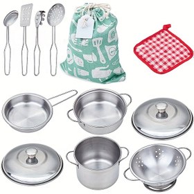 Resim Mini Paslanmaz Çelik Simüle Edilmiş Yemek Pişirme Oyun Seti, Kompakt Boyutlu, Eğitici Rol Yapma Oyuncakları İçin İdeal 