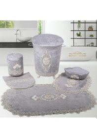 Resim Lisa Gri 6 Prç Banyo Kirli Çamaşır Sepeti Ve Paspas Seti Gri 